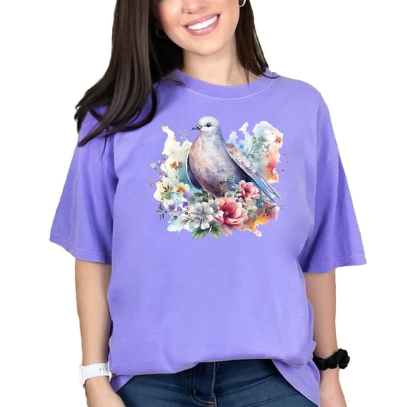 Beautiful Bird T-shirt, Unique Nature Graphic Tee, Artistic Bird and Flowers Design, Watercolor Style Tee, Nature Lover Gift, Violet Comfort Colors T-Shirt, Small