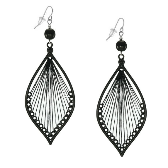 Beautiful Black Teardrop Thread Statement Earrings, Platinum Earwires