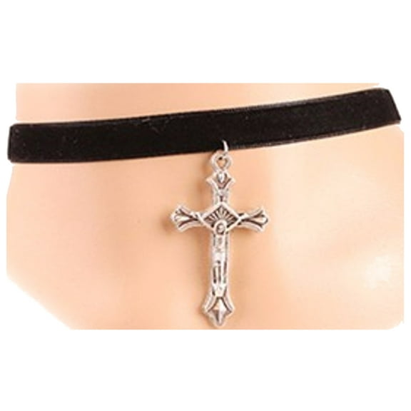 Beautiful Black Velvet Choker Necklace with Silvertone Cross Pendant by It's Ridic!® Teen and women