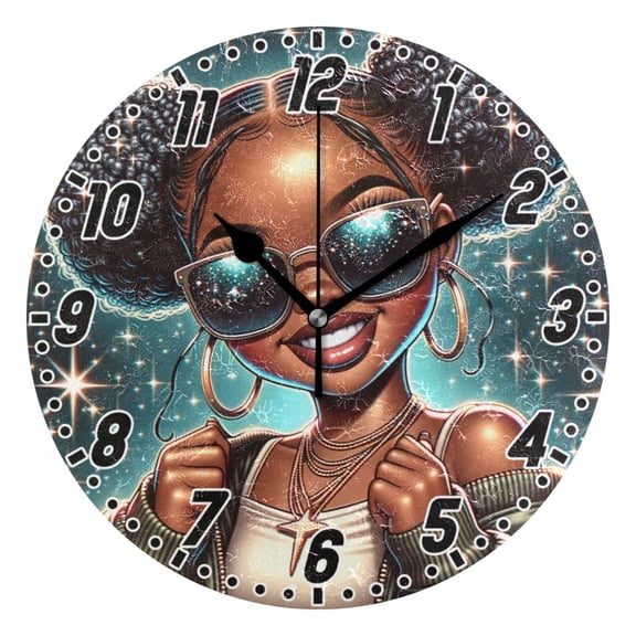 Beautiful Black Woman Wearing Sunglasses Round Wall Clock Battery Operated Silent Non-Ticking Bedroom Office Kitchen Home School Decor 10"(Black)