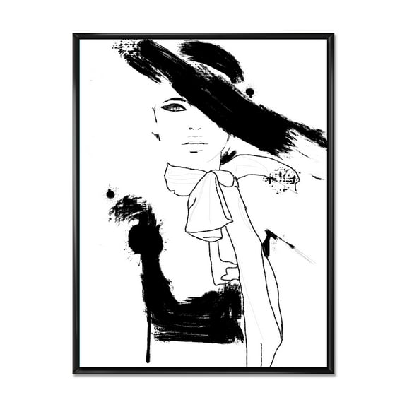 Beautiful Black and White Model Haute Couture Fashion Woman II 12 in x 20 in Framed Painting Canvas Art Print, by Designart