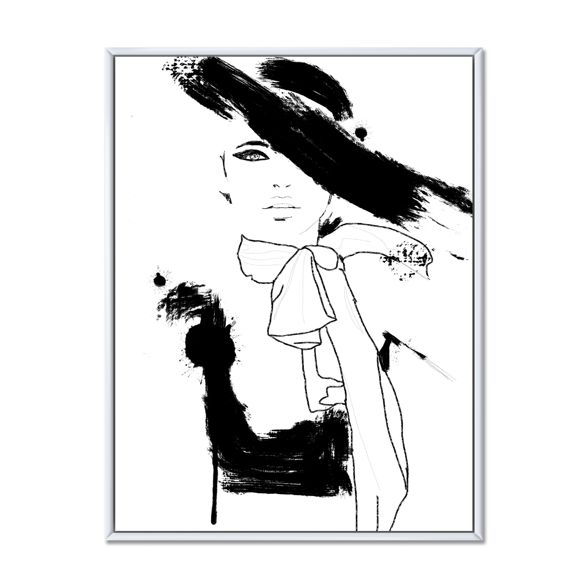 Beautiful Black and White Model Haute Couture Fashion Woman II 16 in x 32 in Framed Painting Canvas Art Print, by Designart