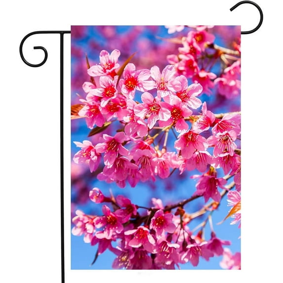 Beautiful Blooming Cherry Sakura Pink Flowers Blue Sky Spring Summer Seasonal Garden Yard Flag 12"x 18" Double Sided Polyester Welcome House Flag for Patio Lawn Outdoor Home Decor