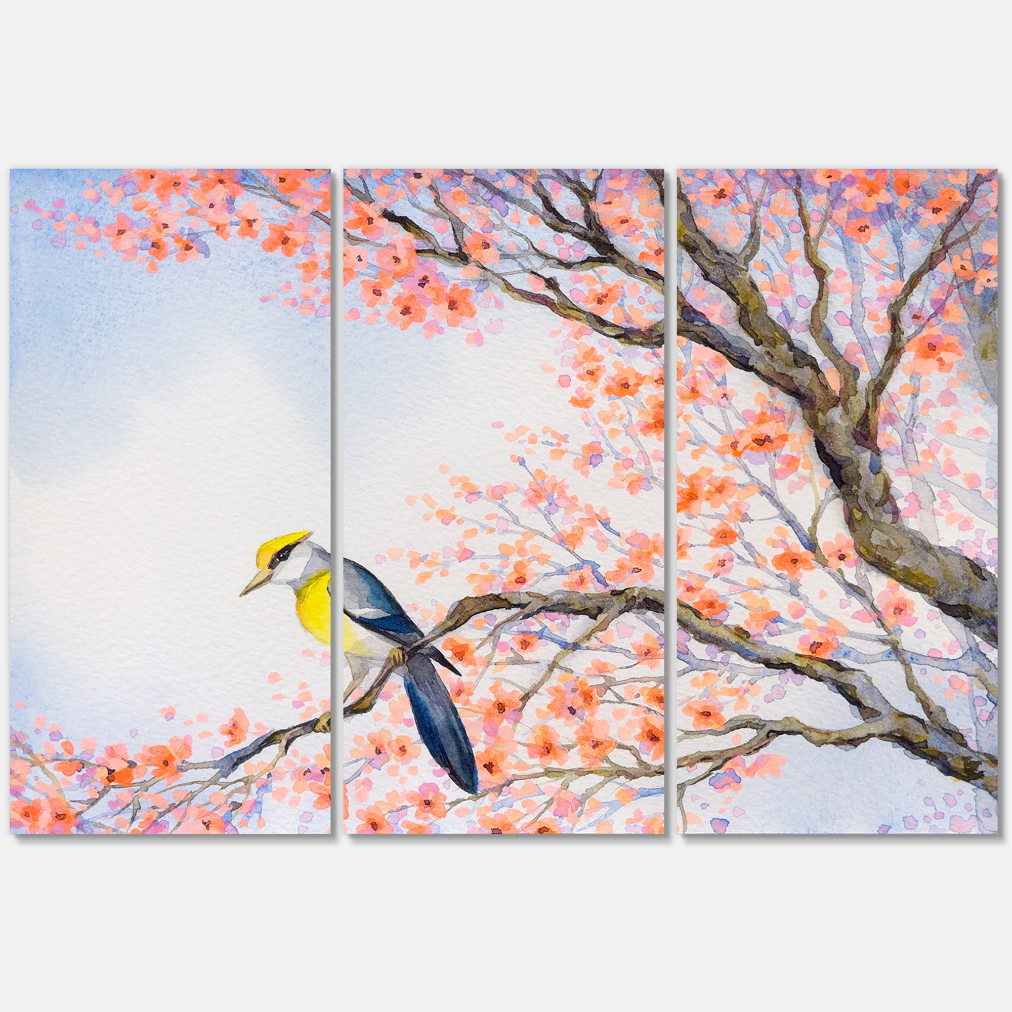 Beautiful Blue Bird Sitting On Flowering Branch I 28 in x 36 in Painting Canvas Art Print, by Designart