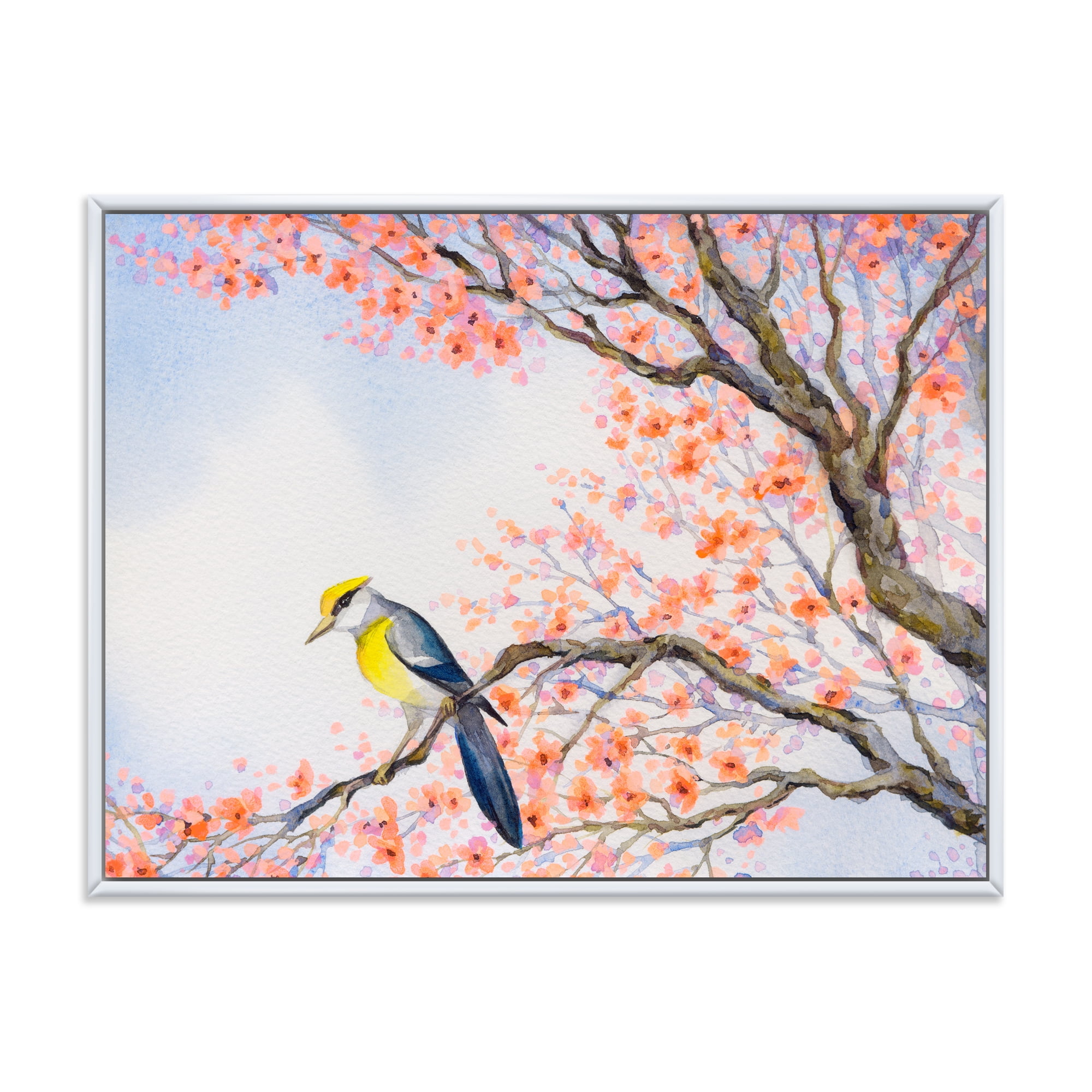 Beautiful Blue Bird Sitting On Flowering Branch I 32 in x 24 in Framed Painting Canvas Art Print, by Designart