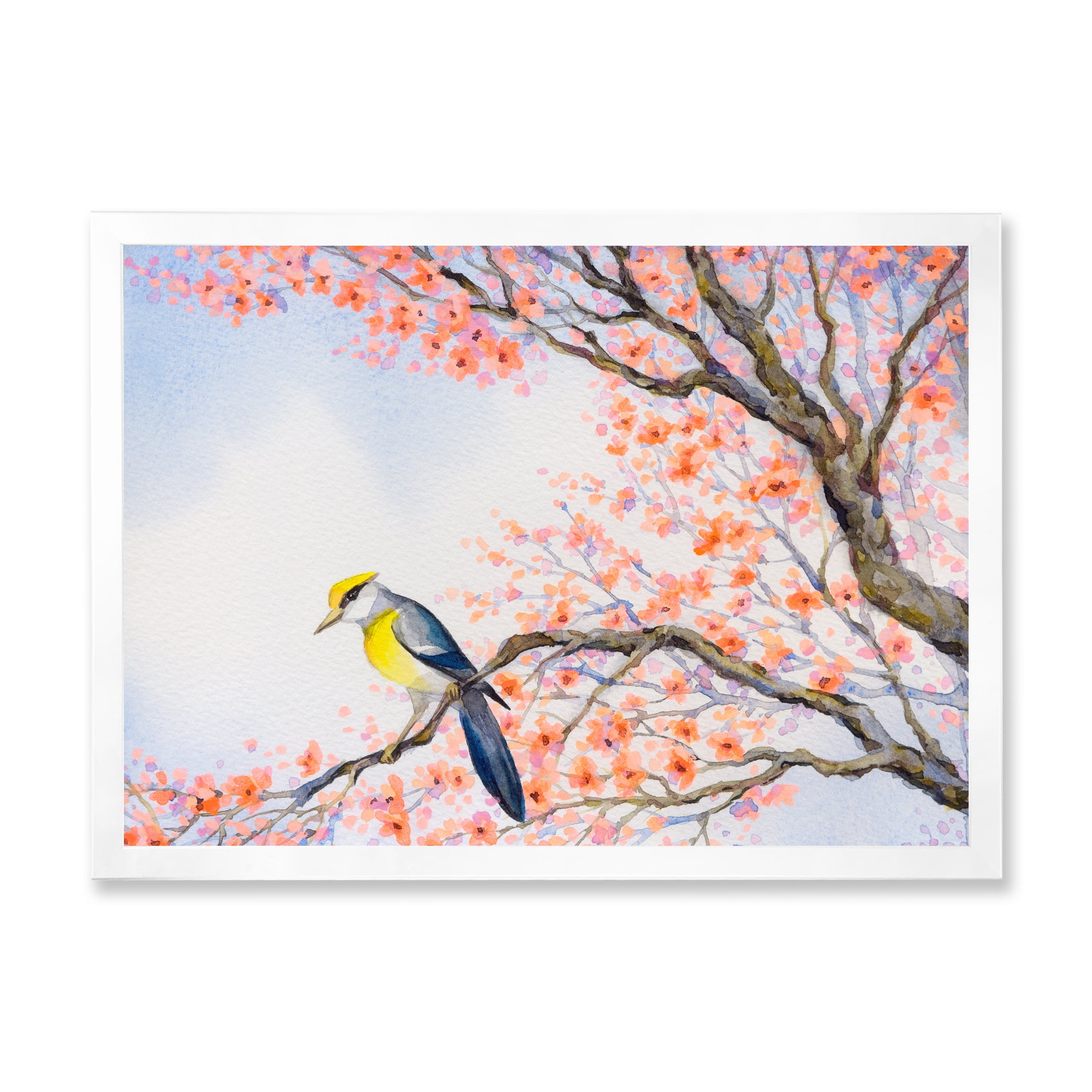 Beautiful Blue Bird Sitting On Flowering Branch I 40 in x 30 in Framed Painting Canvas Art Print, by Designart