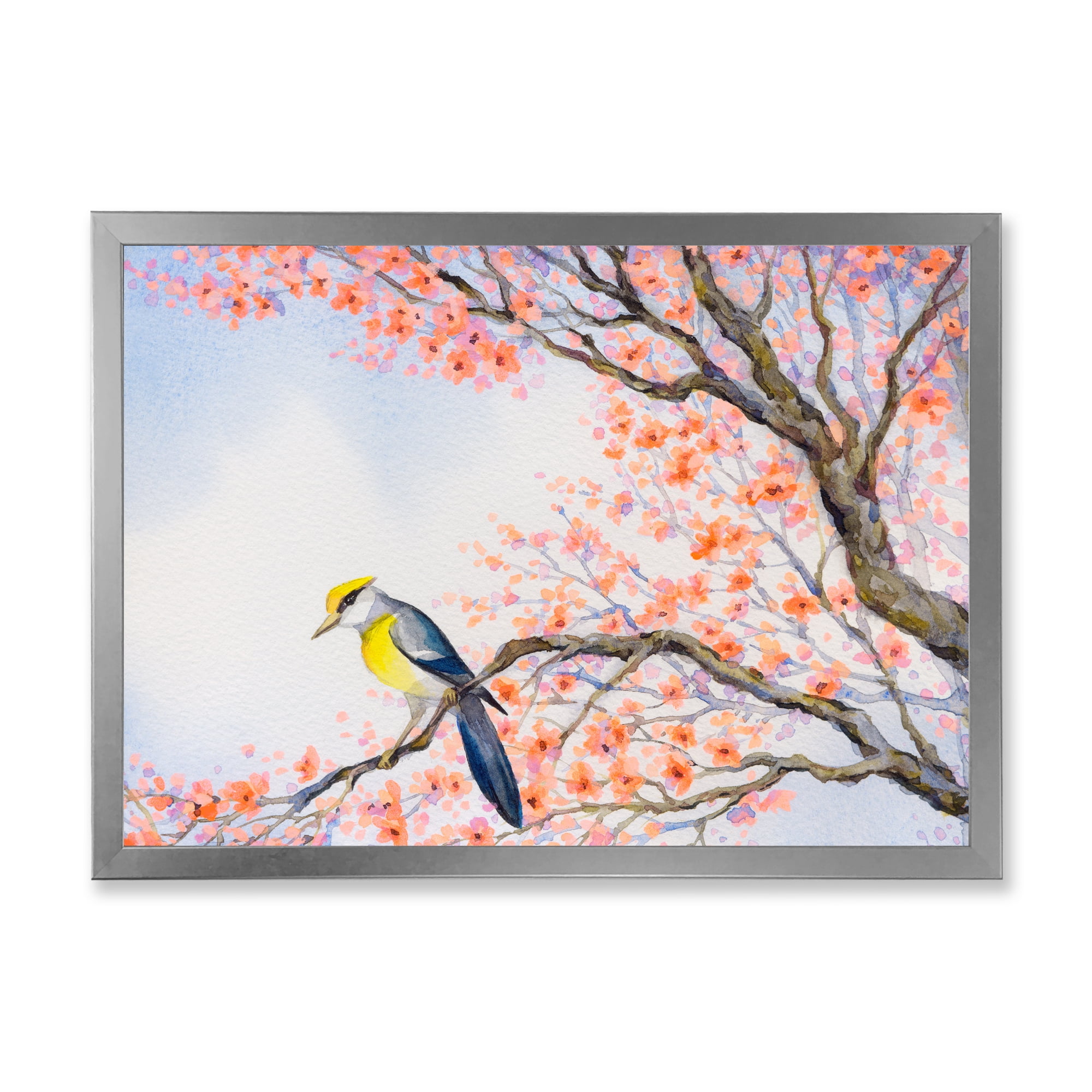 Beautiful Blue Bird Sitting On Flowering Branch I 40 in x 30 in Framed Painting Canvas Art Print, by Designart