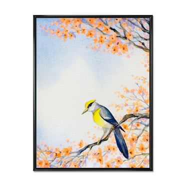 Beautiful Blue Bird Sitting On Flowering Branch II 12 in x 20 in Framed Painting Canvas Art Print, by Designart