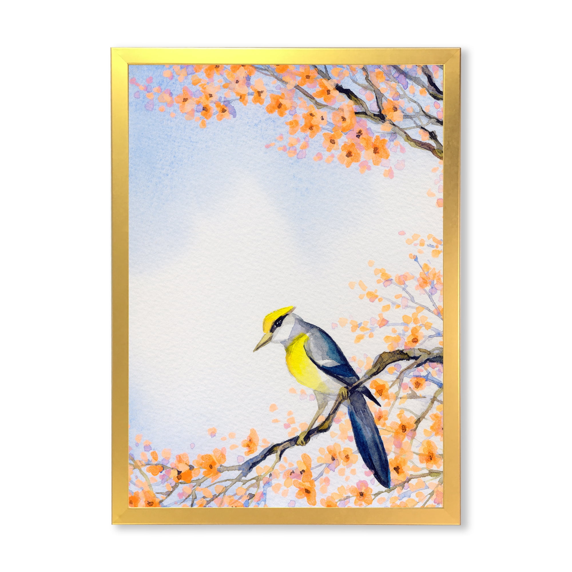 Beautiful Blue Bird Sitting On Flowering Branch II 12 in x 20 in Framed Painting Canvas Art Print, by Designart