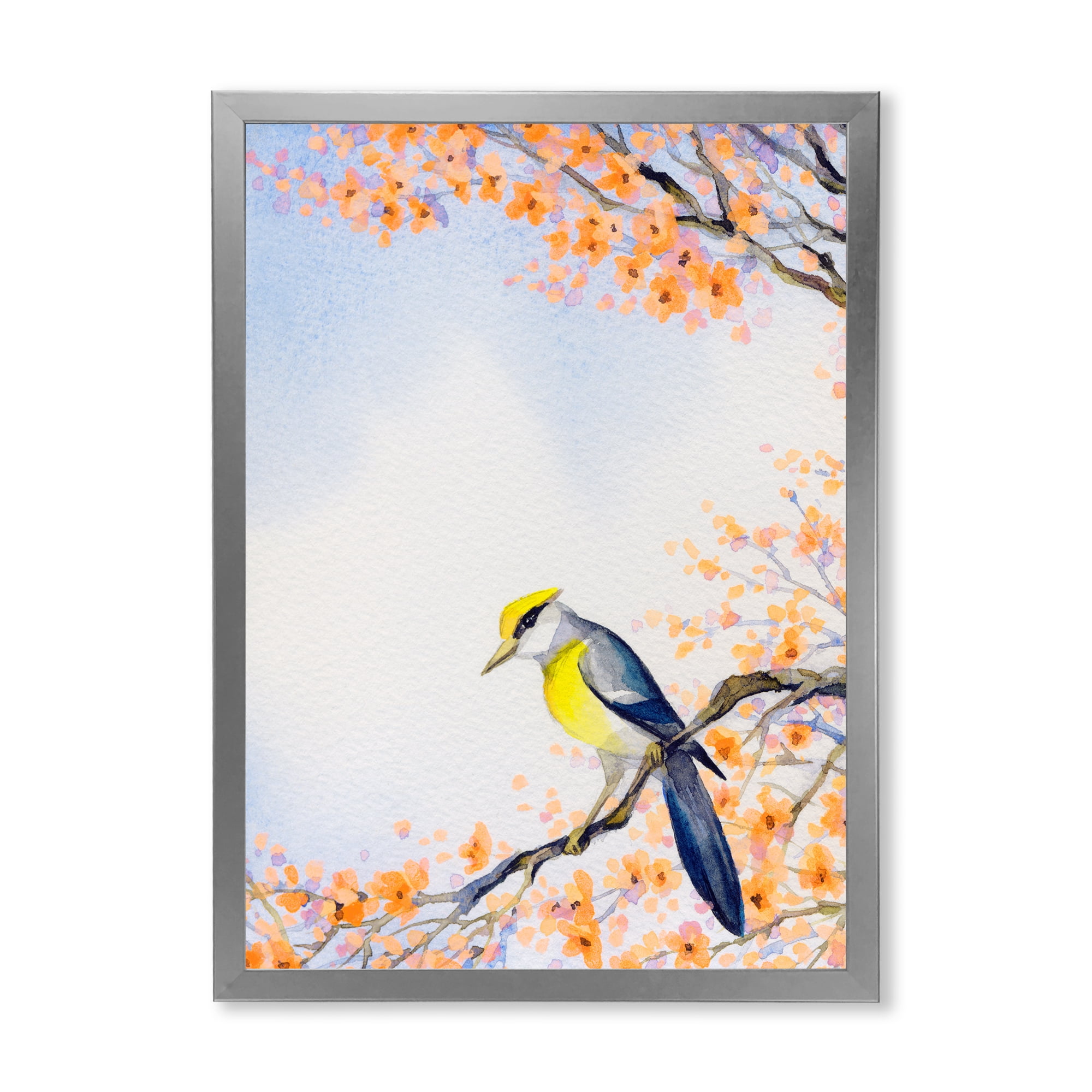 Beautiful Blue Bird Sitting On Flowering Branch II 16 in x 32 in Framed Painting Canvas Art Print, by Designart