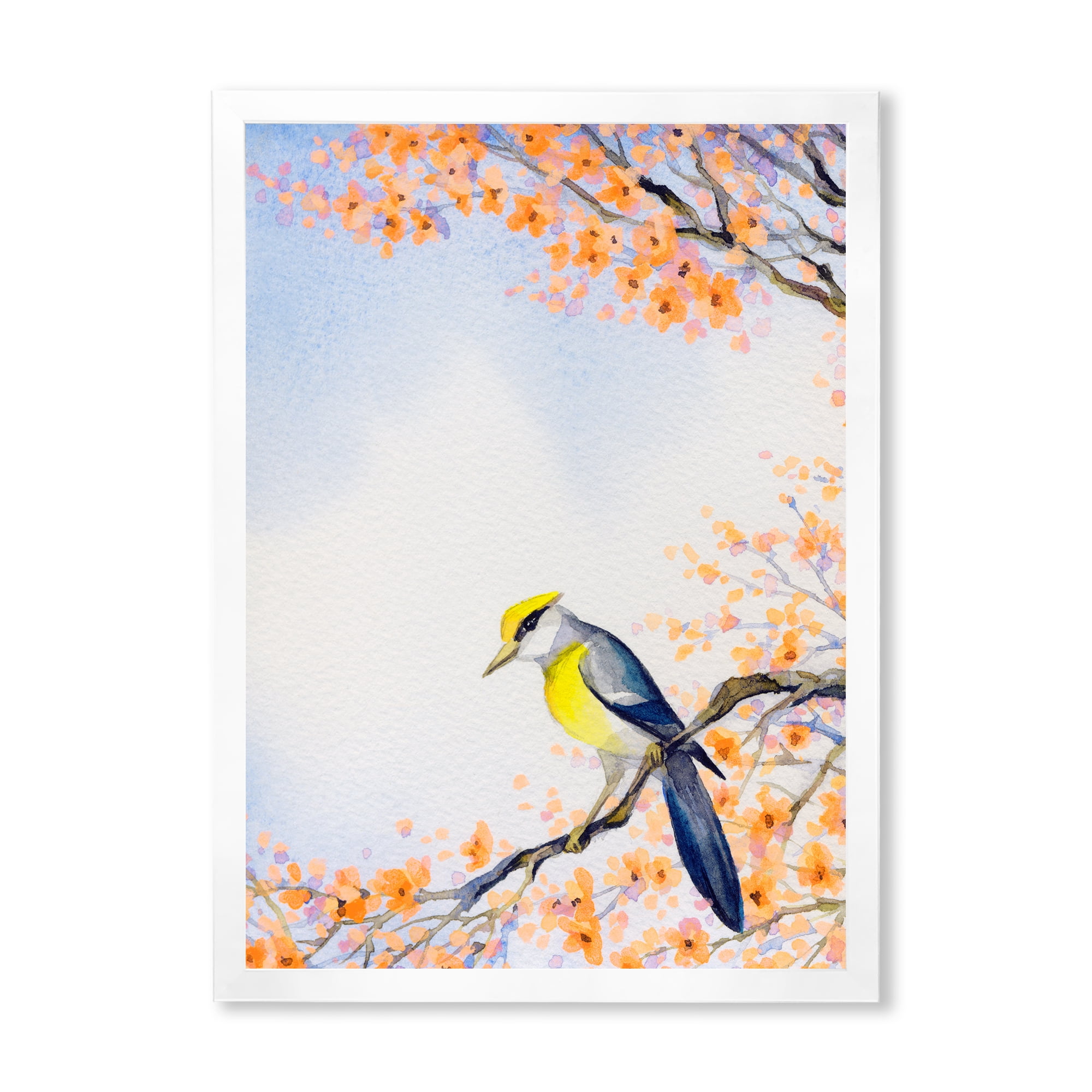 Beautiful Blue Bird Sitting On Flowering Branch II 24 in x 32 in Framed Painting Canvas Art Print, by Designart