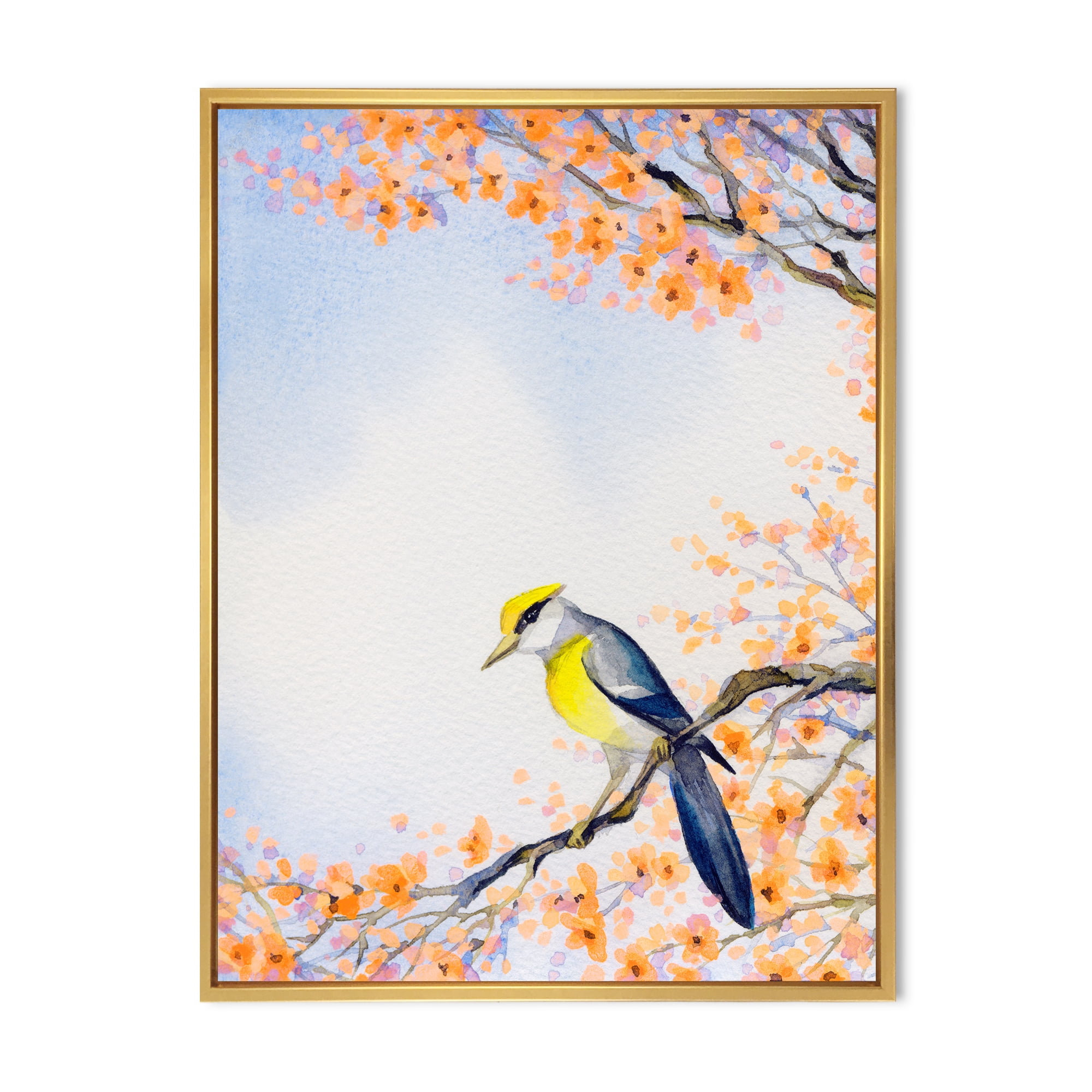 Beautiful Blue Bird Sitting On Flowering Branch II 24 in x 32 in Framed Painting Canvas Art Print, by Designart