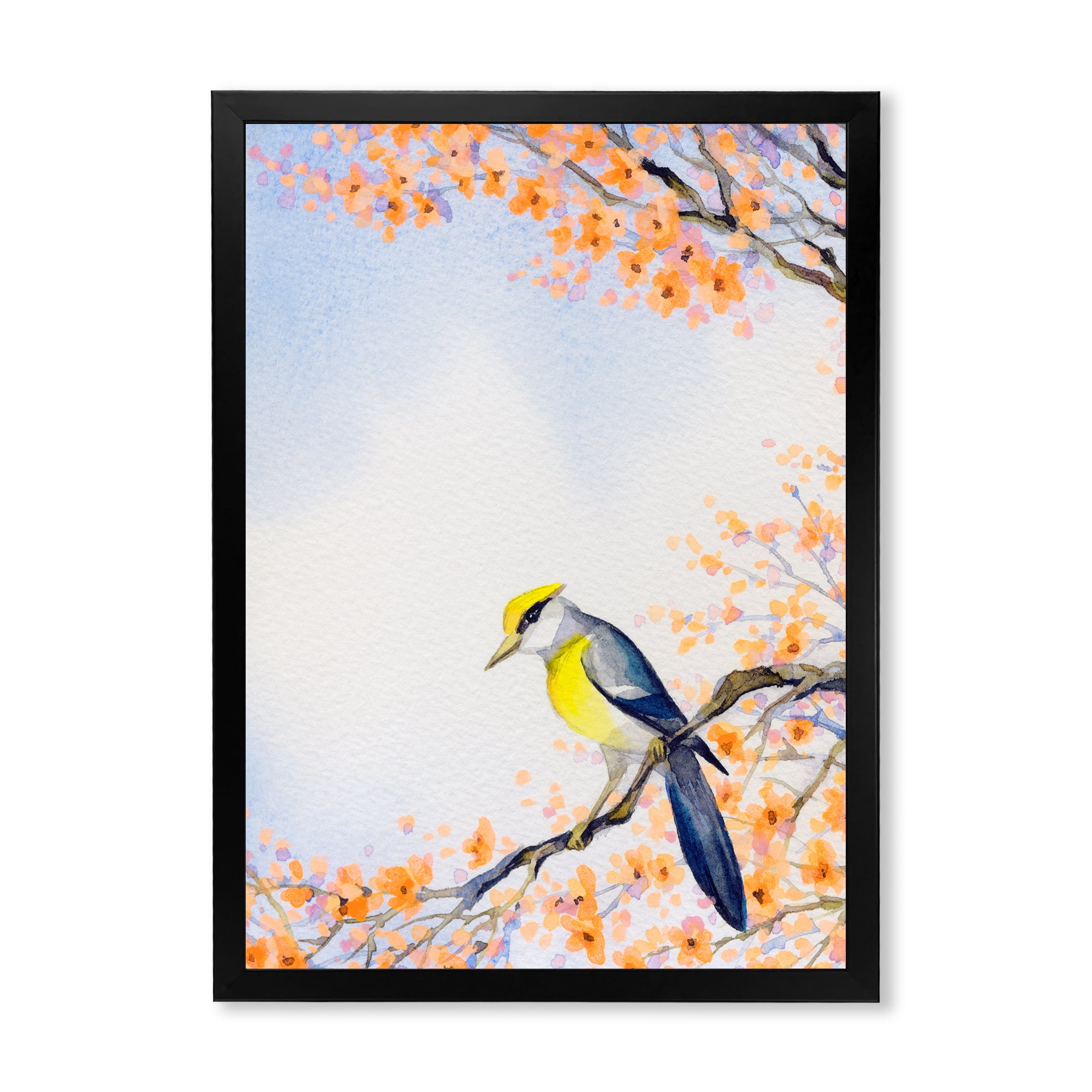 Beautiful Blue Bird Sitting On Flowering Branch II 30 in x 40 in Framed Painting Canvas Art Print, by Designart