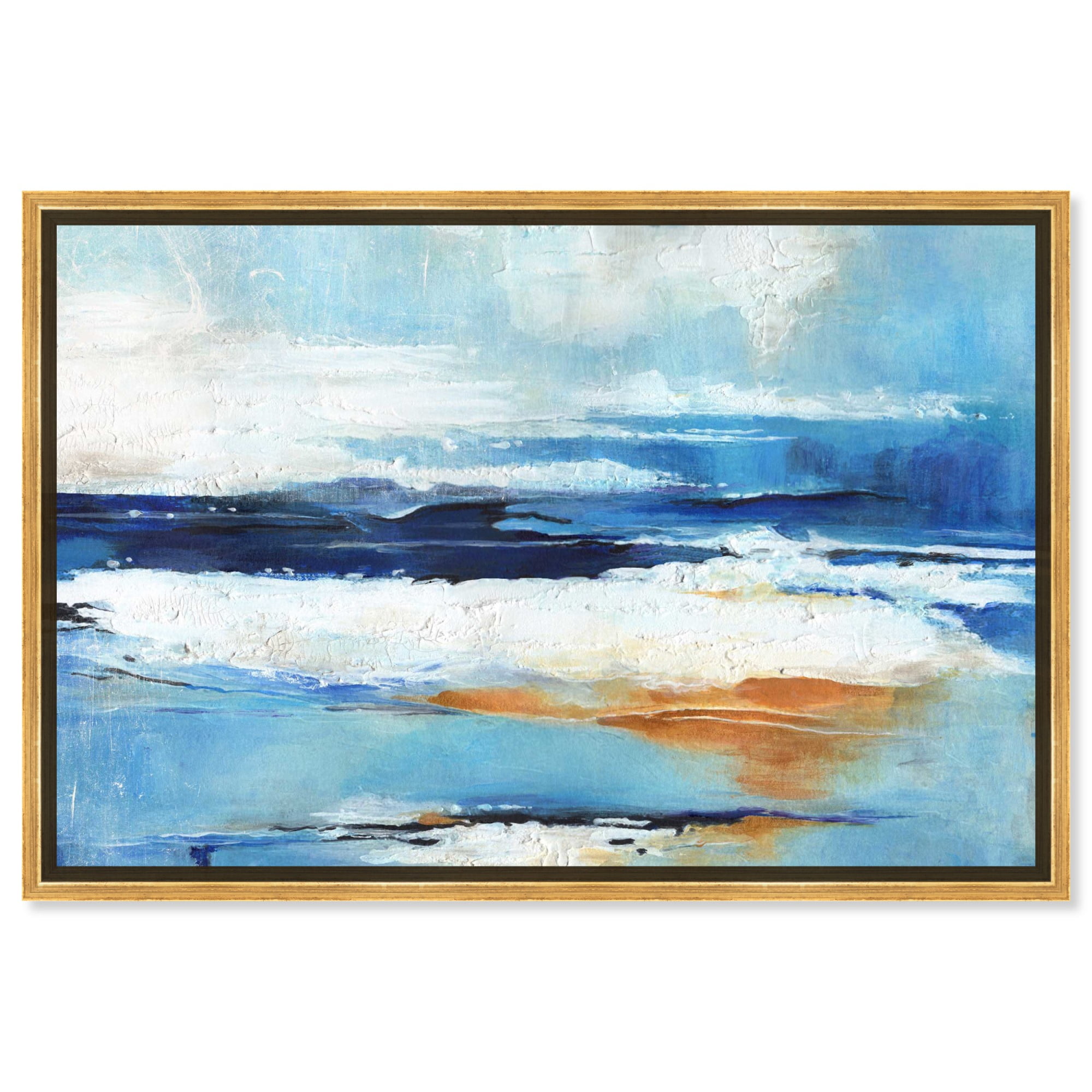 Large Blue and White Abstract Canvas Art with Gold Frame