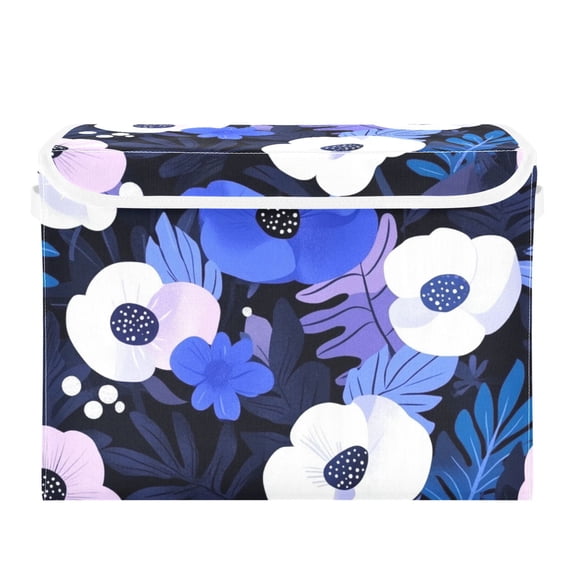 Beautiful Blue Floral Large Storage Bins with Linen Collapsible Lid Storage Box 16.7 x 12.6 x 11.8in