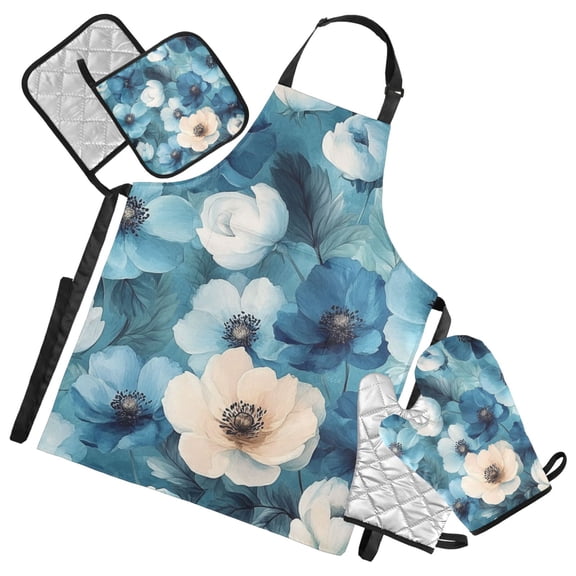 Beautiful Blue Flower Oven Mitts and Pot Holders with Chef Apron Set 5 Pcs Kitchen Cooking Set