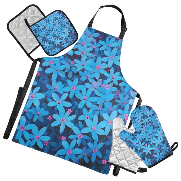Beautiful Blue Flower Oven Mitts and Pot Holders with Chef Apron Set 5 Pcs Kitchen Cooking Set