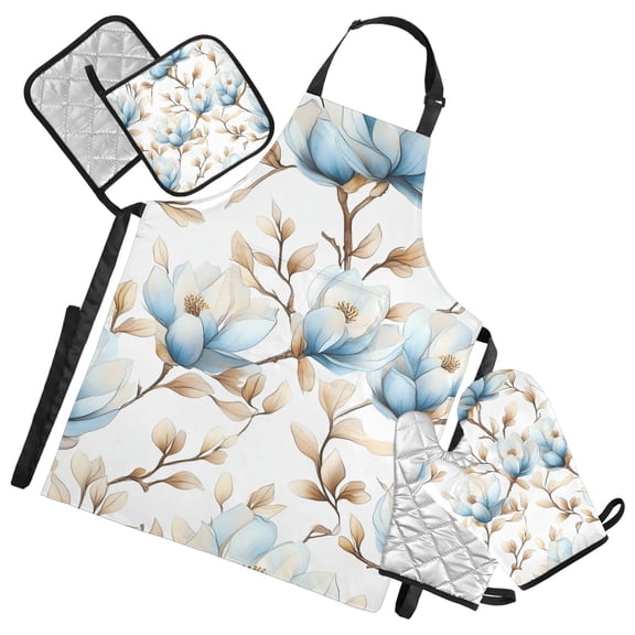 Beautiful Blue Magnolias Oven Mitts and Pot Holders with Chef Apron Set 5 Pcs Kitchen Cooking Set