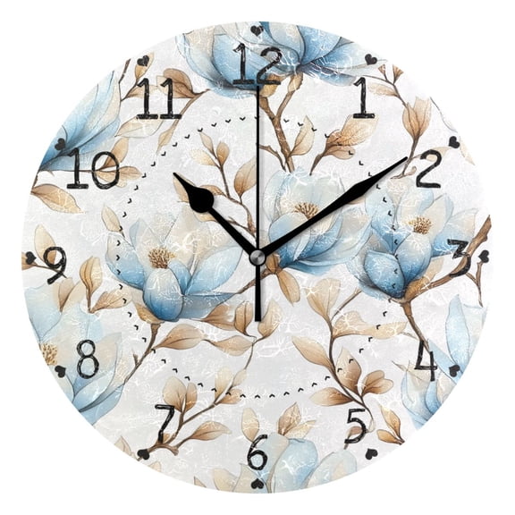 Beautiful Blue Magnolias Round Wall Clock Silent Battery Operated Home Decor for Living Room Bedroom