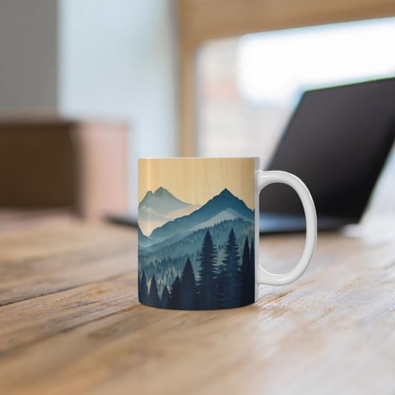 Beautiful Blue Mountain Pines Ceramic Mug, Mountain Range Coffee Cup, Mountain Landspe Teacup, Pine est Nature Mug, Rustic bin Mug.