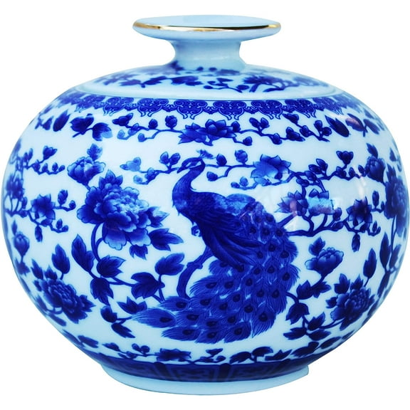 Beautiful Blue and White Porcelain Decorative Peacock Container or Jar. Globe Peacock Pattern