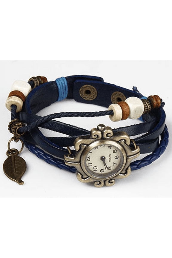 Beautiful Bohemian Style Retro Handmade Leather Tree Leaf Women's Watch (Blue)