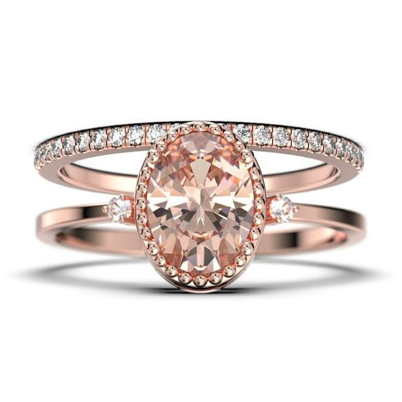 Beautiful Boho And Hippie 1.85 Carat Oval Cut Morganite And Diamond Moissanite Engagement Ring, Wedding Ring, One Matching Band In 925 Sterling Silver With 18K Rose Gold Plating Romanic Gift For Her