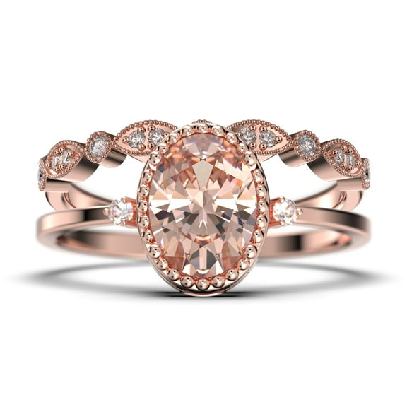 Beautiful Boho And hippie 1.85 Carat Oval Cut Morganite And Diamond Moissanite Engagement Ring, Wedding Ring, One Matching Band in 10k Solid Rose Gold, Romanic Gift For Her, Promise Ring