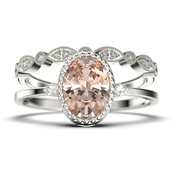 Beautiful Boho And hippie 1.85 Carat Oval Cut Morganite And Diamond Moissanite Engagement Ring, Wedding Ring, One Matching Band in 10k Solid White Gold, Romanic Gift For Her, Promise Ring