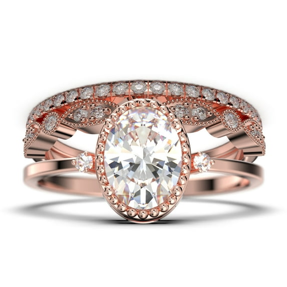 Beautiful Boho And hippie 2.35 Carat Oval Cut Diamond Moissanite Engagement Ring, Wedding Ring, Two Matching Band in 10k Solid Rose Gold, Romanic Gift For Her, Promise Ring