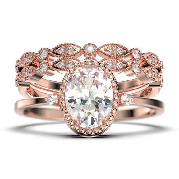 Beautiful Boho And hippie 2.35 Carat Oval Cut Diamond Moissanite Engagement Ring, Wedding Ring, Two Matching Band in 10k Solid Rose Gold, Romanic Gift For Her, Promise Ring