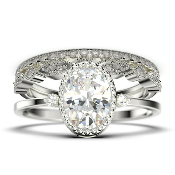 Beautiful Boho And hippie 2.35 Carat Oval Cut Diamond Moissanite Engagement Ring, Wedding Ring, Two Matching Band in 10k Solid White Gold, Romanic Gift For Her, Promise Ring
