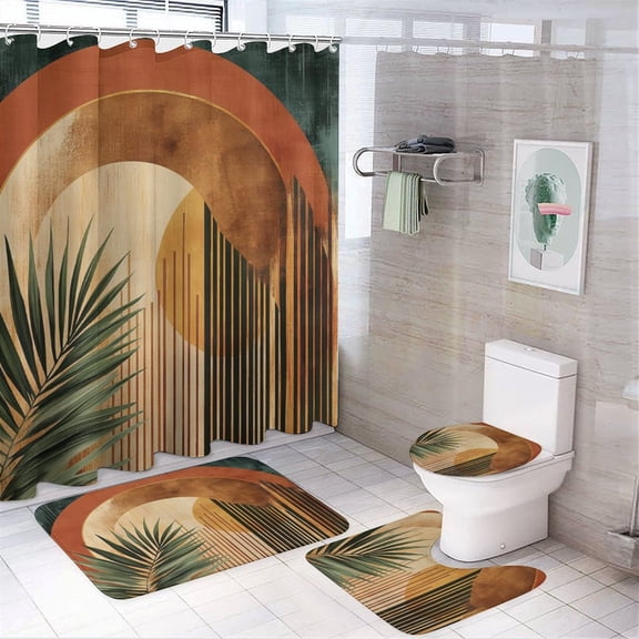 Beautiful Boho Modern Mid Century Design 4 Piece Shower Curtain Sets with Rugs Toilet Lid Cover and Bath Mat Colorful Boho Orange Aesthetic Floral Geometric Durable and Waterproof for Bathtub Decor