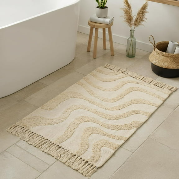 Beautiful Boho Rug with Tassels for Your Bathroom Soft 2 x 3 ft. Cotton Rug, Fits Perfectly in Your Bath Washable, Cream Colored Non-Slip Mat Ideal to Enhance Any Modern Home Decor, 24 x 36 Inch