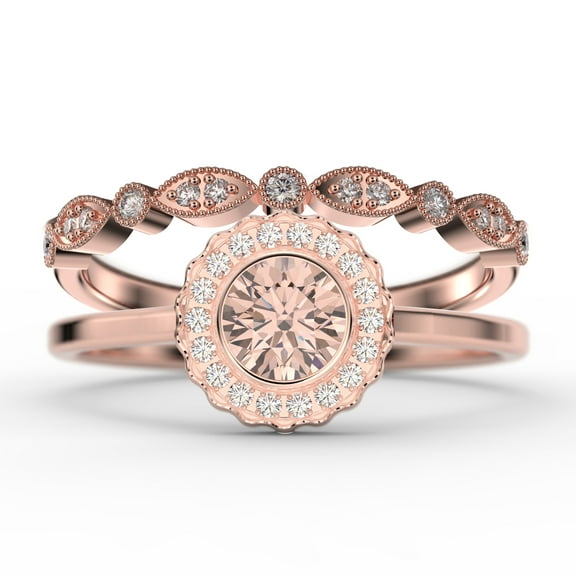 Beautiful Boho & hippie 1.60 Carat Round Cut Antique Morganite And Diamond Moissanite Engagement Ring, Floral Halo Wedding Ring, One Matching Band in 10k Solid Rose Gold, Bridal Rings, Gift For Her