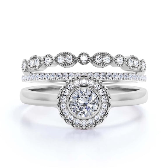 Beautiful Boho & hippie 2.10 Carat Round Cut Antique Diamond Moissanite Engagement Ring, Floral Halo Wedding Ring, Two Matching Band in 10k Solid White Gold, Bridal Rings, Gift For Her, Promise Ring