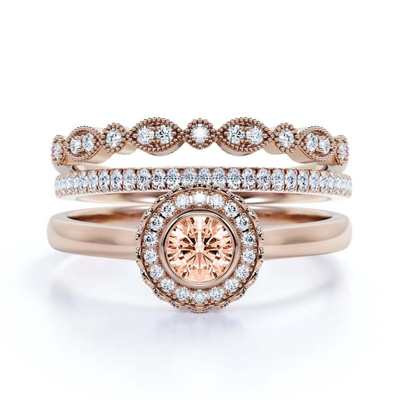 Beautiful Boho & hippie 2.10 Carat Round Cut Antique Morganite And Diamond Moissanite Engagement Ring, Floral Halo Wedding Ring, Two Matching Band in 10k Solid Rose Gold, Bridal Rings, Gift For Her