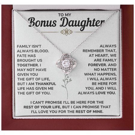 To My Beautiful Bonus Daughter Necklace From Mom & Dad With Message Card Perfect For Birthday, Graduationpendant To Stepdaughter & Goddaughter Beautiful Chapter #1404, White Love Knot Necklace