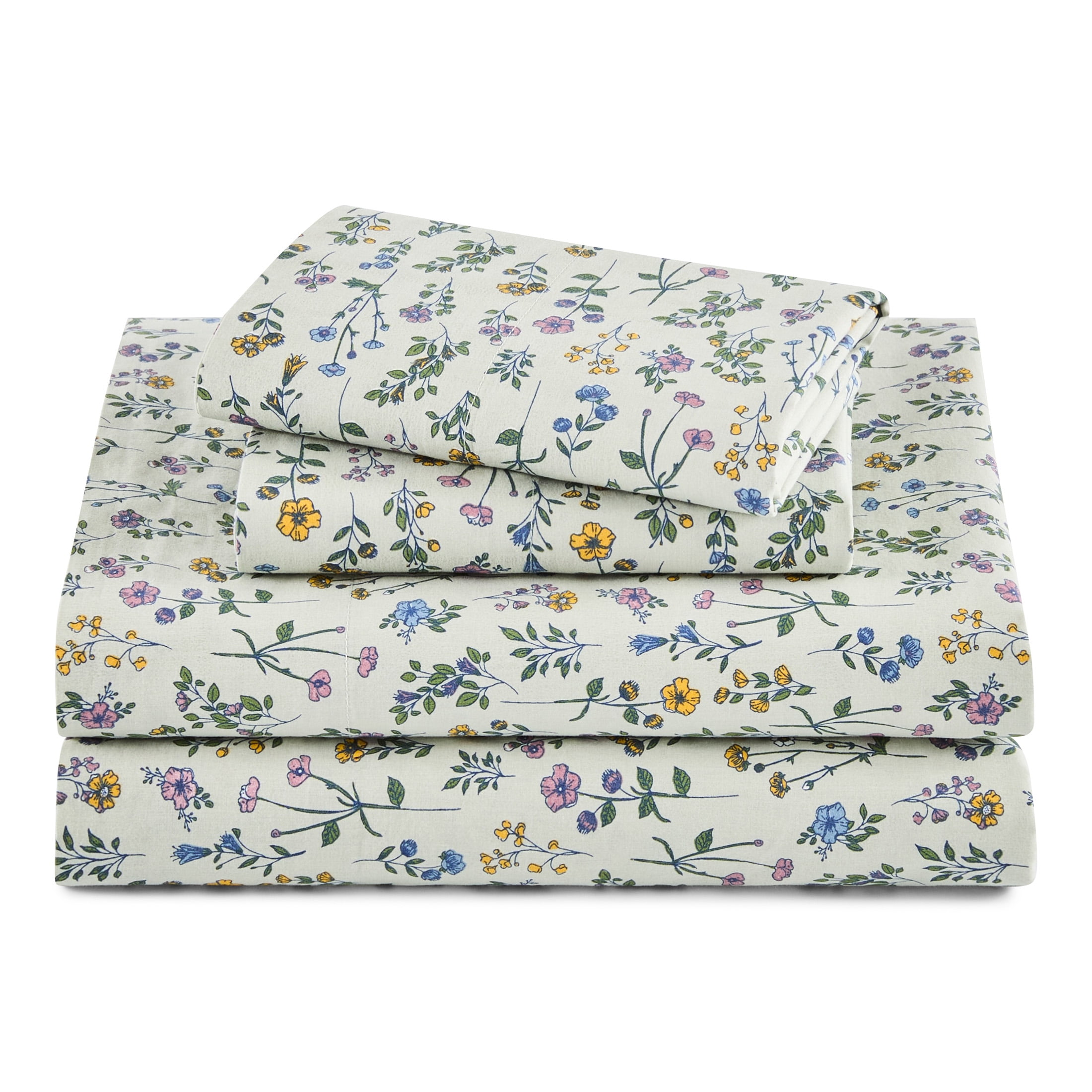 Beautiful Botanical 4-Piece 100% Cotton Percale Sage Green Sheet Set, Queen by Drew Barrymore