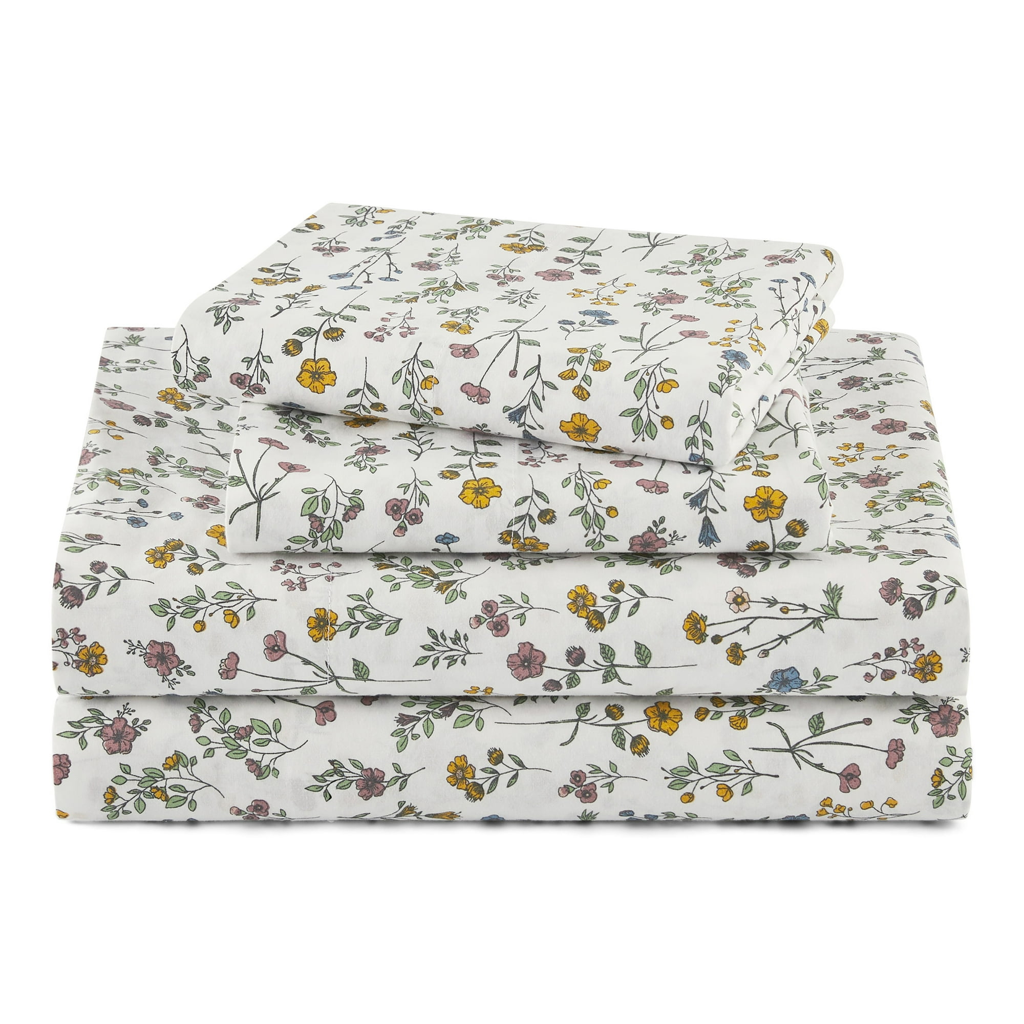 Beautiful Botanical 4-Piece 100% Cotton Washed Percale White Sheet Set, King by Drew Barrymore