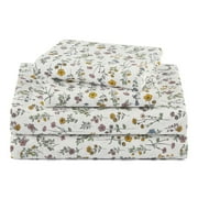 Beautiful by Drew Barrymore 4-Piece Queen Sheet Set, 100% Cotton Washed Percale, White Botanical