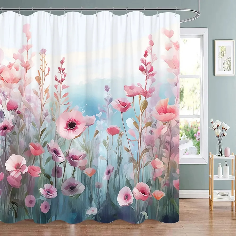 Alpaca Floral Pattern Print Bathroom Shower Curtain