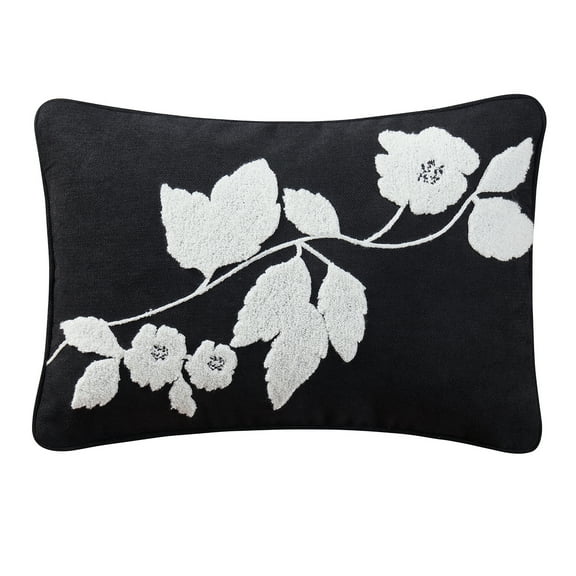 Beautiful Boucle Embroidered Chenille Floral Decorative Pillow by Drew Barrymore, 14" x 20", Black/White