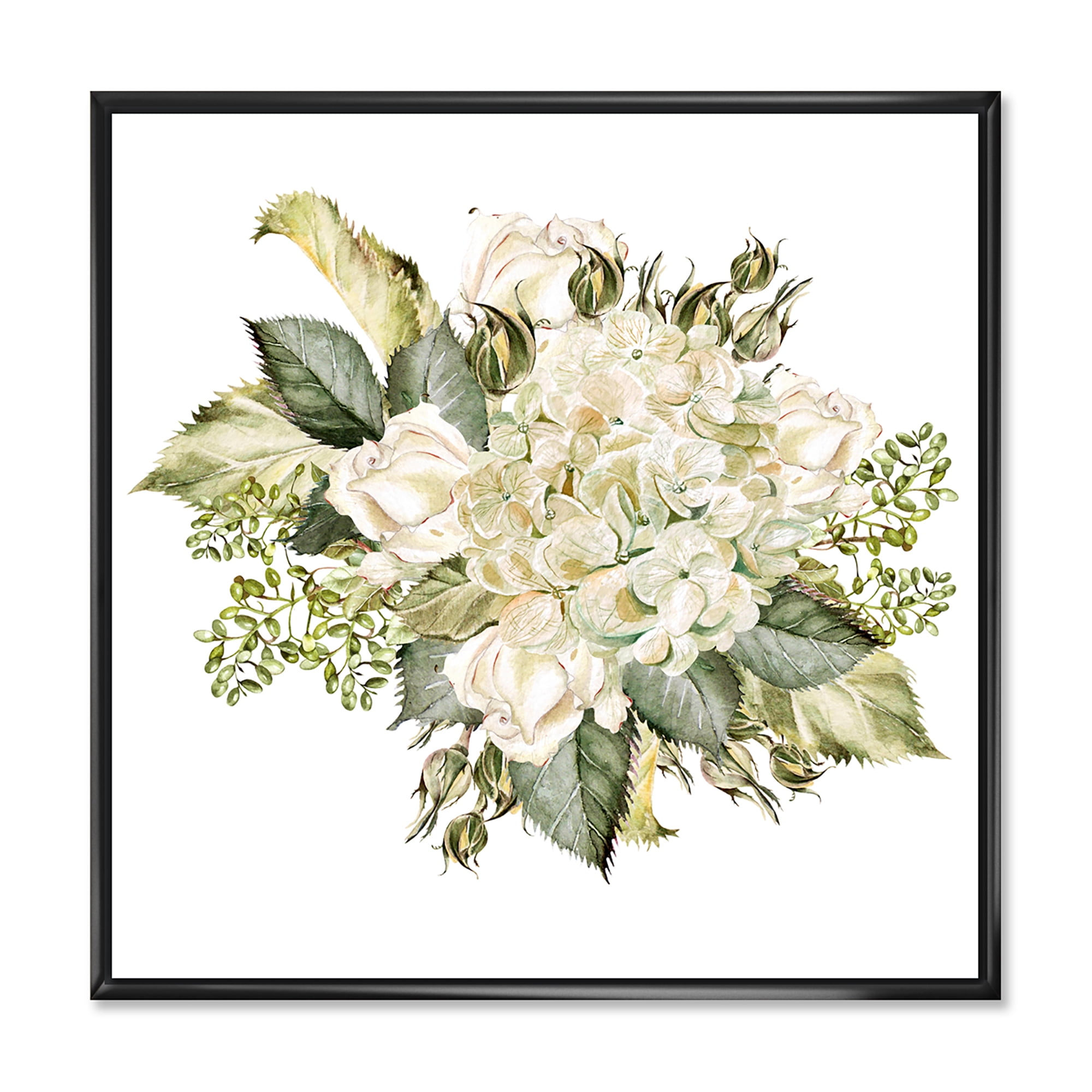 Beautiful Bouquet With Roses and Hudrangea 16 in x 16 in Framed Painting Canvas Art Print, by Designart
