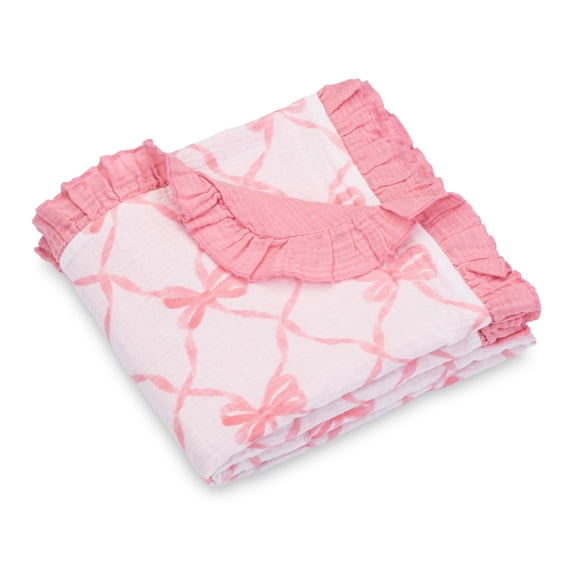 LollyBanks Ruffle Baby Girl Blanket, Organic Cotton Muslin Crib Quilt, 40 x 36 in, Pink Bow Print
