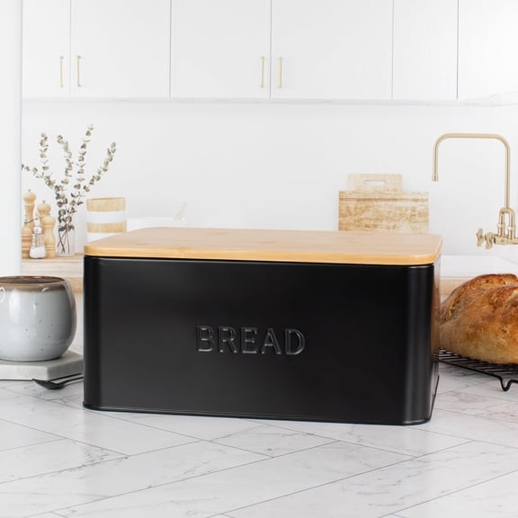 Beautiful Bread Box With Wooden Lid For Your Kitchen Countertop - Spacious Container Perfectly Stores Your Homemade Bread, English Muffins & Bagels - Quality Cutting Board Lid Keeps Loaf Fresh
