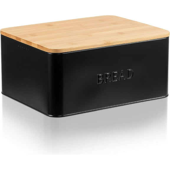 Beautiful Bread Box With Wooden Lid For Your Kitchen Countertop - Spacious Container Perfectly Stores Your Homemade Bread, English Muffins & Bagels - Quality Cutting Board Lid Keeps Loaf Fresh