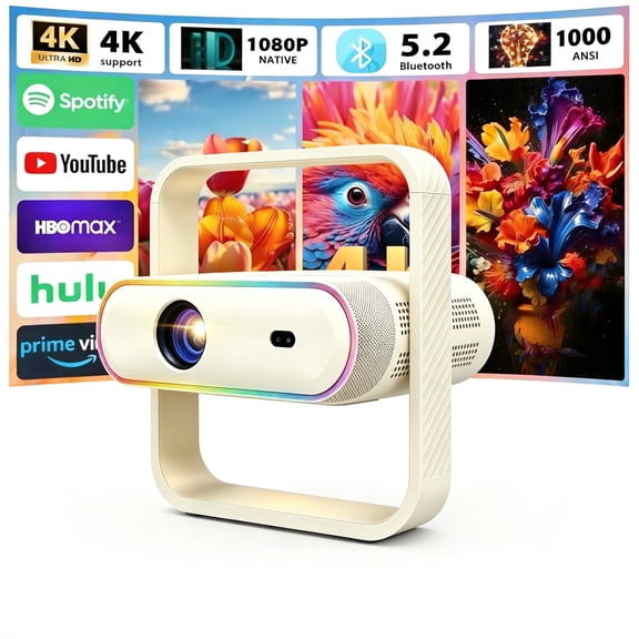 QWOTONXN 6Pro 1000ANSI 1080P Projector, 360 Rotatable, Dual 5W Speakers, RGB Lights, Home Theater & Office