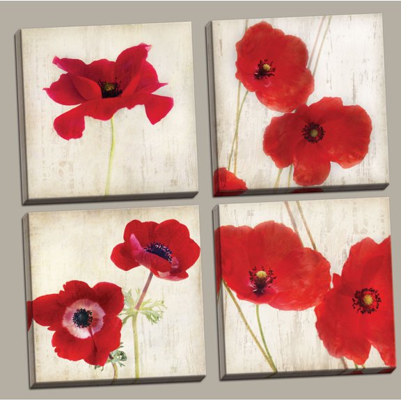 Beautiful Bright Red California Poppies; Set of Four 12x12in Canvases