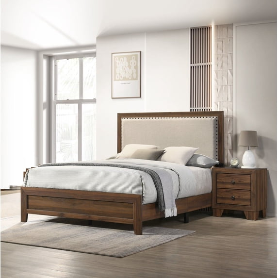 Beautiful Brown Cherry Finish 3Pc Full Size Upholstered Headboard Panel Bed 2x Nightstand Set